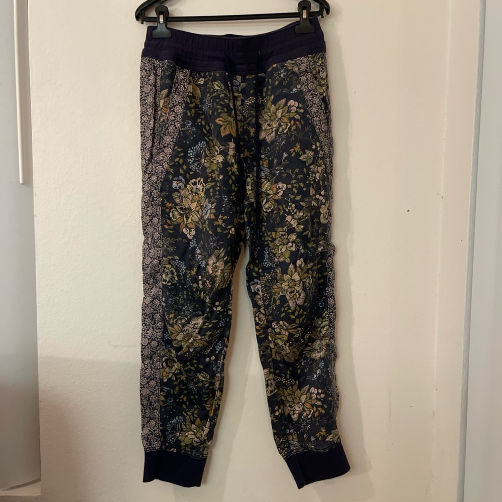 Anthropologie Floral Track Pants - Navy and Gold
